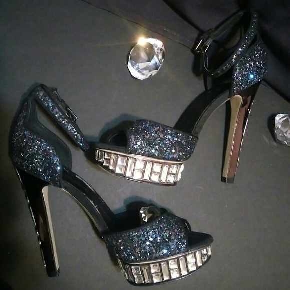 BOUTIQUE 9 sz 6.5 PURPLE BLUE COSMIC GLITTER HEELS RHINESTONE JEWEL GEMS - Picture 2 of 15